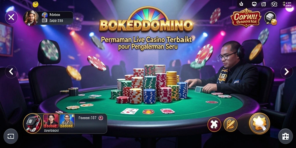 Screenshot gameplay BOKEDOMINO menampilkan dealer langsung dalam suasana kasino.