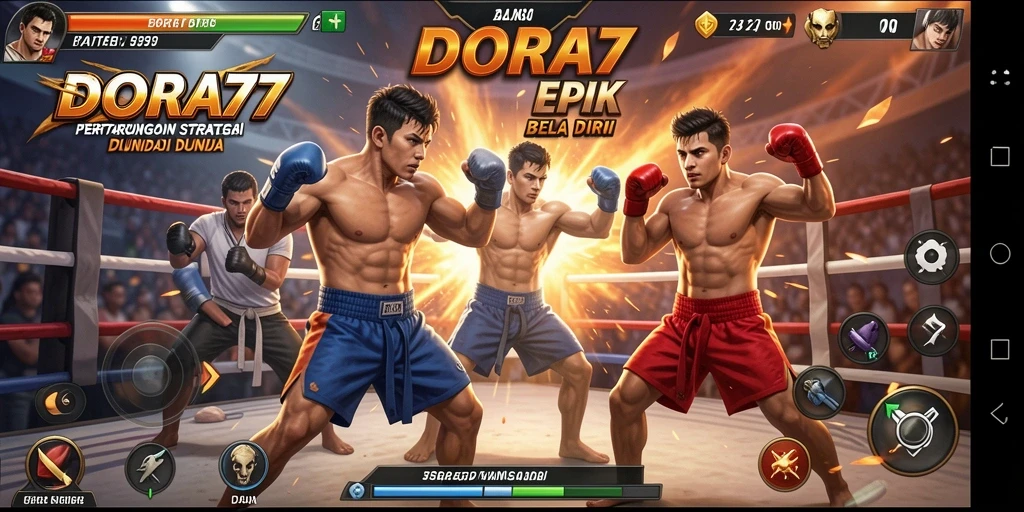 Tampilan screenshot DORA77 menunjukkan pertarungan intens antara dua karakter dengan aksi mendebarkan.