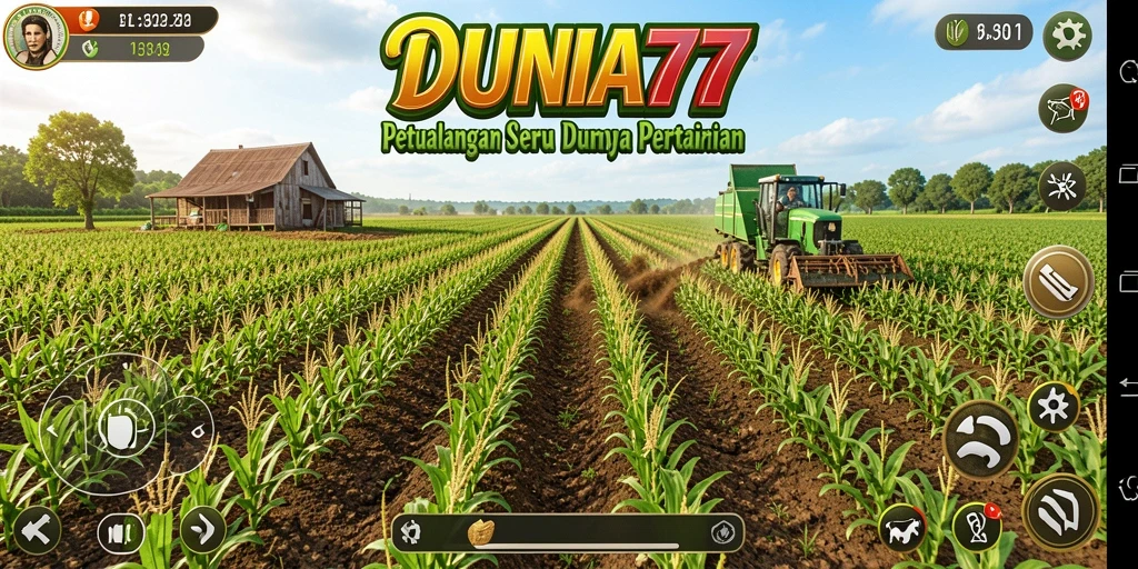 Tangkapan layar gameplay DUNIA77 menampilkan ladang yang subur dan kegiatan bertani yang menyenangkan.
