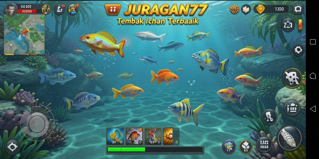 Tangkapan layar menunjukkan aksi seru dalam game Tembak Ikan JURAGAN77.
