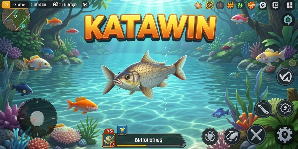 Screenshot gameplay KATAWIN yang menunjukkan aksi memancing yang seru.