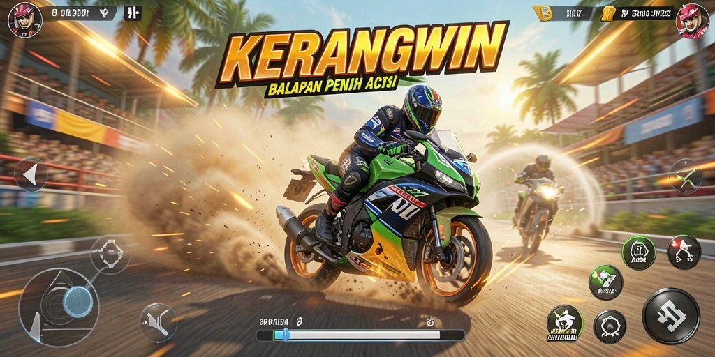 Tampilan gameplay KERANGWIN dengan balapan motor yang menegangkan.