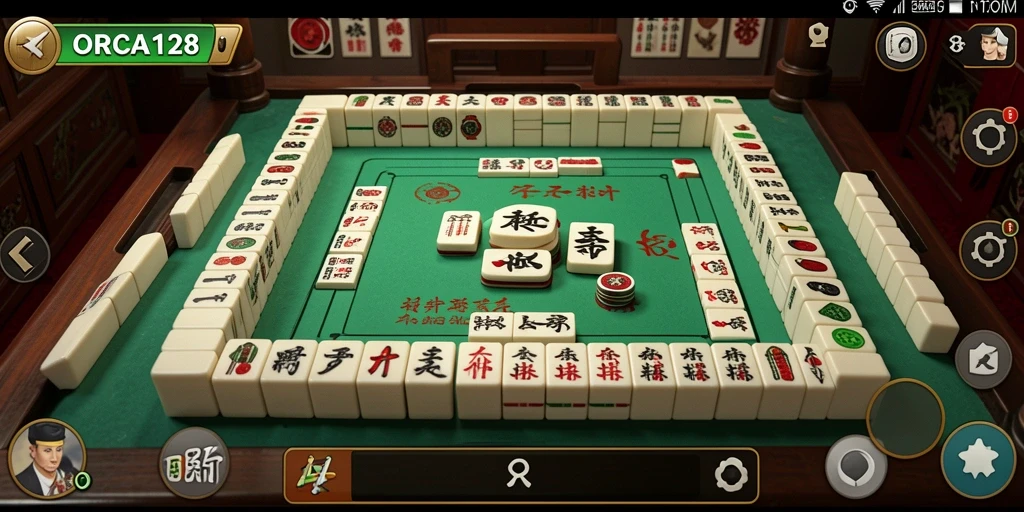 Tampilan gameplay seru di ORCA128 dengan ubin Mahjong yang berwarna-warni.