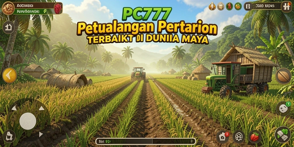 Screenshot gameplay <strong>PC777</strong> yang menunjukkan ladang hijau subur dan aktivitas bertani.