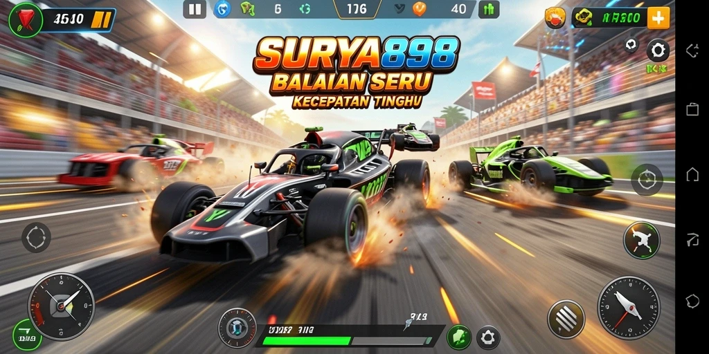 Gameplay mendebarkan di lintasan balapan SURYA898.