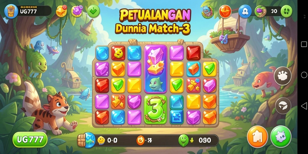 Tampilan gameplay UG777 dengan grafis colorful dan tantangan Match-3 yang seru.