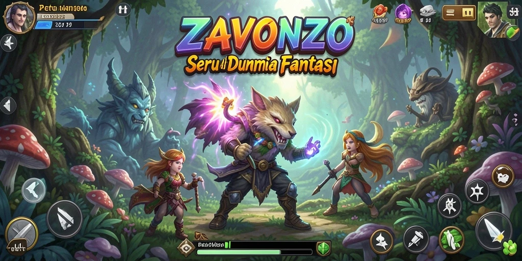 Tampilan gameplay ZAVONZO yang menakjubkan saat menjelajahi dunia fantasi.